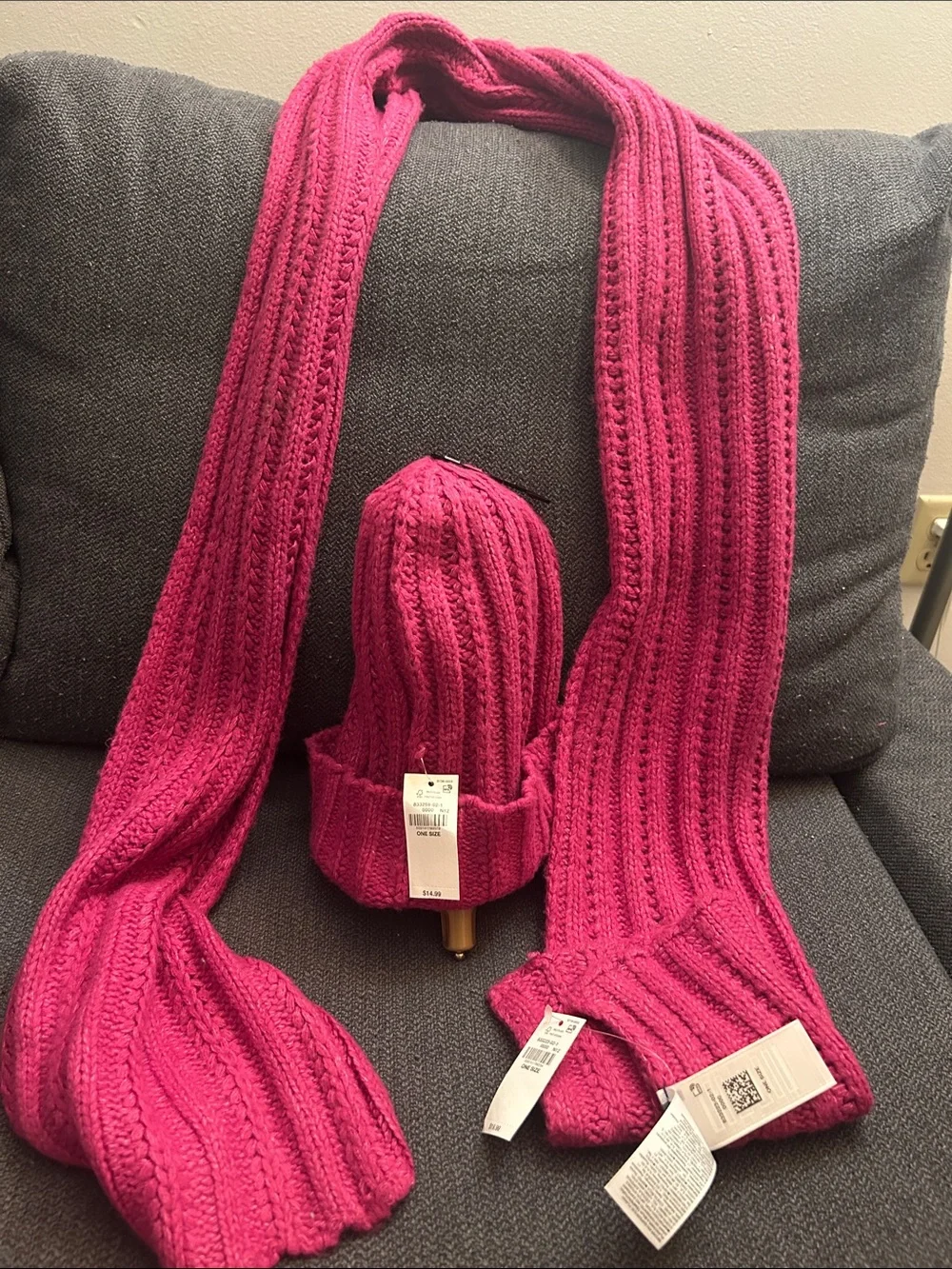 Children's Cable Knit Beanie and Scarf Set - Bright Pink